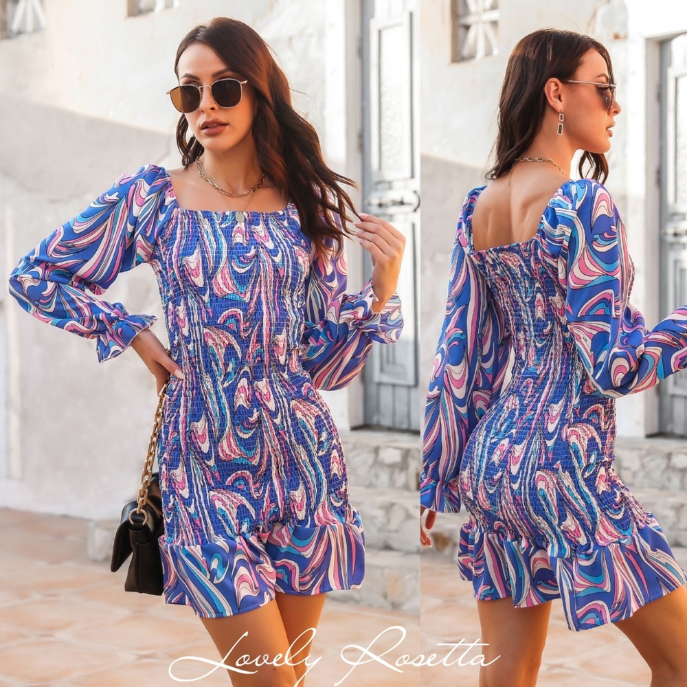Blue Square Neck Swirl Dress